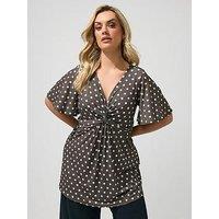 Yours Curve Polkadot Angel Sleeve Knot Front Top - Brown
