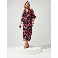 Yours Curve Poppy Floral Mesh Keyhole Dress - Blue