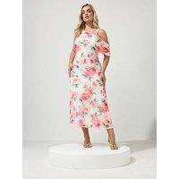 Yours Curve Floral Mesh Drape Shoulder Dress - White