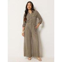 Pixiegirl Petite Acid Wash Wide Leg Jumpsuit - Brown