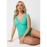 Yours Curve Broderie Frill Swimsuit - Green