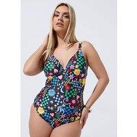 Yours Curve Deep V Detail Swimsuit - Black