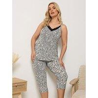 Yours Curve Soft Touch Animal Print Crop Pyjama Set - Cream