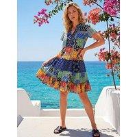 Roman Patchwork Print V-Neck Tiered Dress