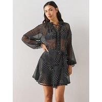 The Very Collection Lace Insert Tie Waist Fit And Flare Mini Dress - Spot