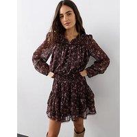 The Very Collection Shirred Waist Tiered Mini Dress - Brown