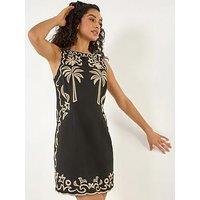 Roman Dusk Palm Embroidered A-Line Dress