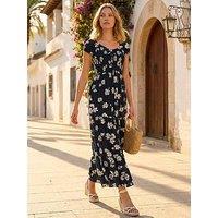 Roman Shirred Floral Sweetheart Midi Dress