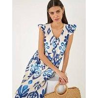 Roman Abstract Print Frill Detail Midi Dress