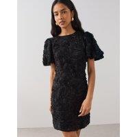 The Very Collection Womens Floral Textured Jacquard Puff Sleeve Mini Dress - Black