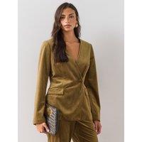 The Very Collection Collarless Velvet Wrap Suit Jacket - Olive