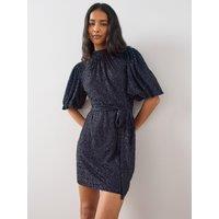 The Very Collection Womens Beaded Puff Sleeve Belted Mini Dress - Navy