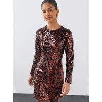 The Very Collection Womens Checked Sequin Long Sleeve Mini Dress - Brown