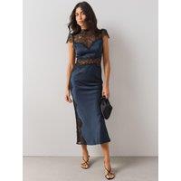 The Very Collection Womens Satin-Look Lace Insert Cap Sleeve Midaxi Dress - Navy