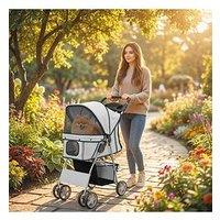 Pawhut Pet Stroller For Small Dogs Cats Foldable Travel Carriage With Wheels Zipper Entry Cup Holder Storage Basket Grey