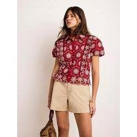 Mint Velvet Broderie Puff Sleeve Top - Red