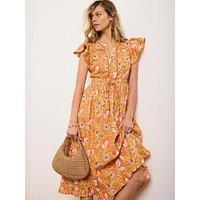 Mint Velvet Floral Print Cotton Dress - Orange