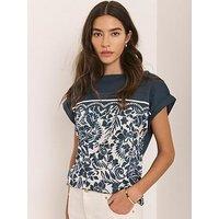 Mint Velvet Navy Print Woven Mix Top