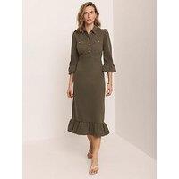 Mint Velvet Khaki Frill Denim Midi Dress - Green