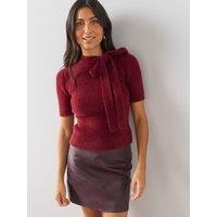 The Very Collection Womens Scarf Neck Tie Ribbed Knitted Jumper - Burgundy