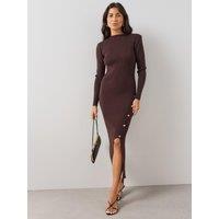 The Very Collection Womens Shoulder Pad Ribbed Knit Bodycon Midi Dress - Chocolate