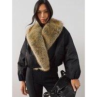 The Very Collection Faux Fur Shawl Padded Jacket - Black