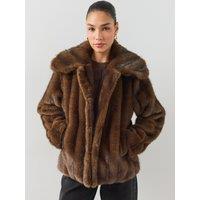 The Very Collection Womens Striped Oversized Collar Faux Fur Coat - Brown