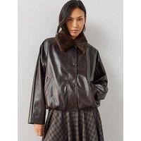 The Very Collection Faux Fur Collar Pu Bubble Hem Jacket - Brown