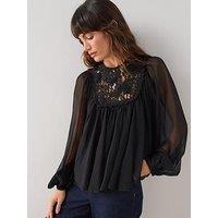 The Very Collection Lace Neck Pleated Blouse - Black
