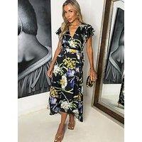 Ax Paris Floral Print Flutter Sleeve Belted Wrap Midi Dress - Black