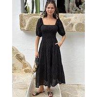 Ax Paris Broderie Puff Sleeve Smock Midi Dress - Black
