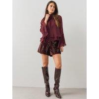The Very Collection Womens Velvet Embellished High Waisted Shorts - Burgundy