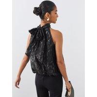 The Very Collection Womens Dobby Tie Neck Bubble Hem Blouse - Black