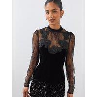 The Very Collection Womens Lace Detail Stretch Velvet Blouse - Black