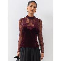The Very Collection Womens Lace Detail High Neck Velvet Blouse - Burgundy