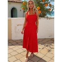 Ax Paris Broderie Shirred Straps Button Detail Midi Dress - Red