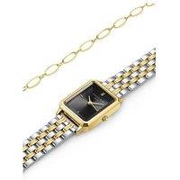 Rosefield Box Set - Octagon Black Dial Watch With Oval Linked Bracelet