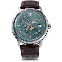 Orient Bambino Sun And Moon Green Dial Roman Brown Leather Strap