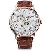 Orient Bambino Sun And Moon White Dial Roman Tan Leather Strap Rose Gold Case