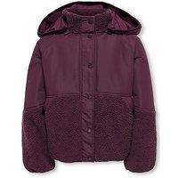 Only Kids Girls' Mixed Teddy Fleece Hooded Jacket - Dark Red