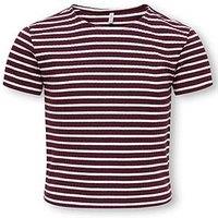 Only Kids Girls Ribbed Striped Short Sleeve Tshirt - Dark Red