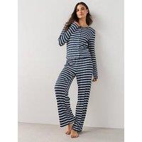 The Very Collection Pointelle Button Through Stripe Top And Wide Leg Pyjama Set - Navy