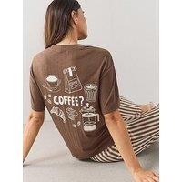 The Very Collection Pointelle Espresso T-Shirt And Stripe Wide Leg Pyjama Set - Brown