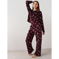 The Very Collection Soft Touch Rib Cherry Print Top And Wide Leg Pyjama Set - Burgundy
