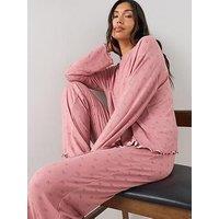 The Very Collection Soft Touch Ribbon Print Top And Wide Leg Pyjama Set - Pink