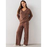 The Very Collection V Neck Knit Top And Wide Leg Loungewear Set - Brown