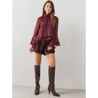 The Very Collection Textured High Neck Fluted Sleeve Cropped Blouse - Burgundy
