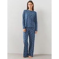 The Very Collection Womens Bow Print Long Sleeve Wide Leg Pyjama Set - Navy