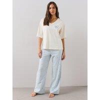 The Very Collection Womens Oversized V Neck Amore Graphic T-Shirt And Wide Leg Pyjama Set - Blue