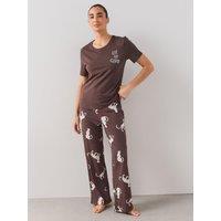The Very Collection Short Sleeve Leopard Print T-Shirt And Wide Leg Pyjama Set - Brown